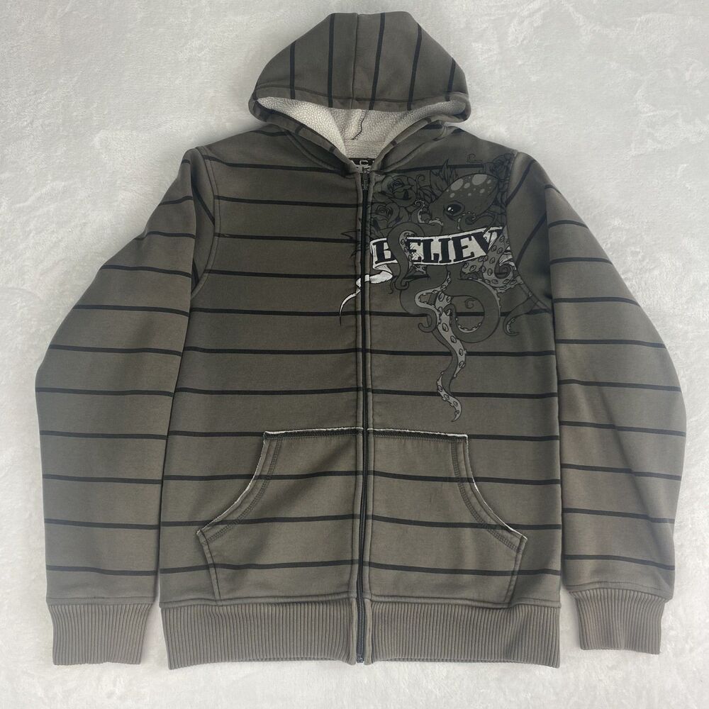 Blackjack Graphic Believe Octopus Sweater Mens Medium Brown Hooded Sweatshirt